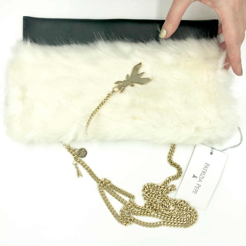 NWT Patrizia Pepe Faux Fur Leather Bag, Gold Chain